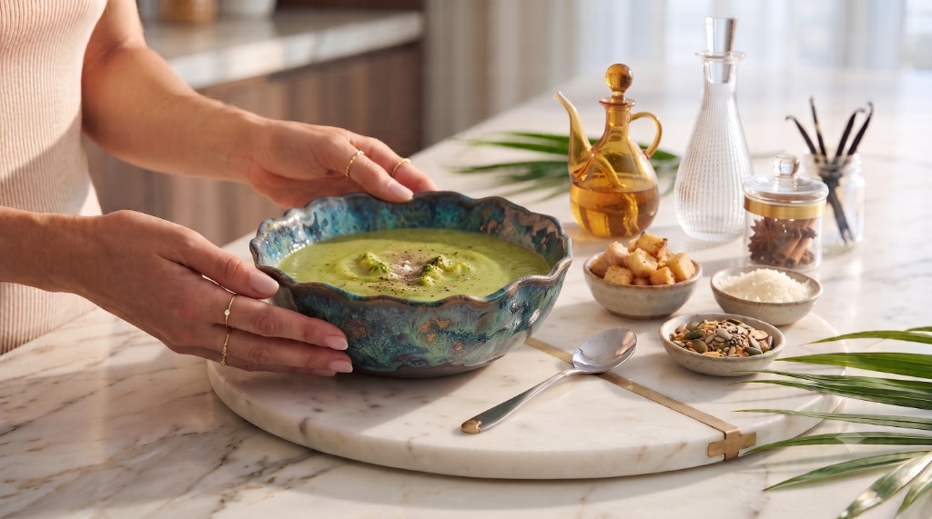 Hands holding a scalloped blue bowl of green broccoli soup on a marble board, with croutons, grated Parmesan, seeds, and oil beside it