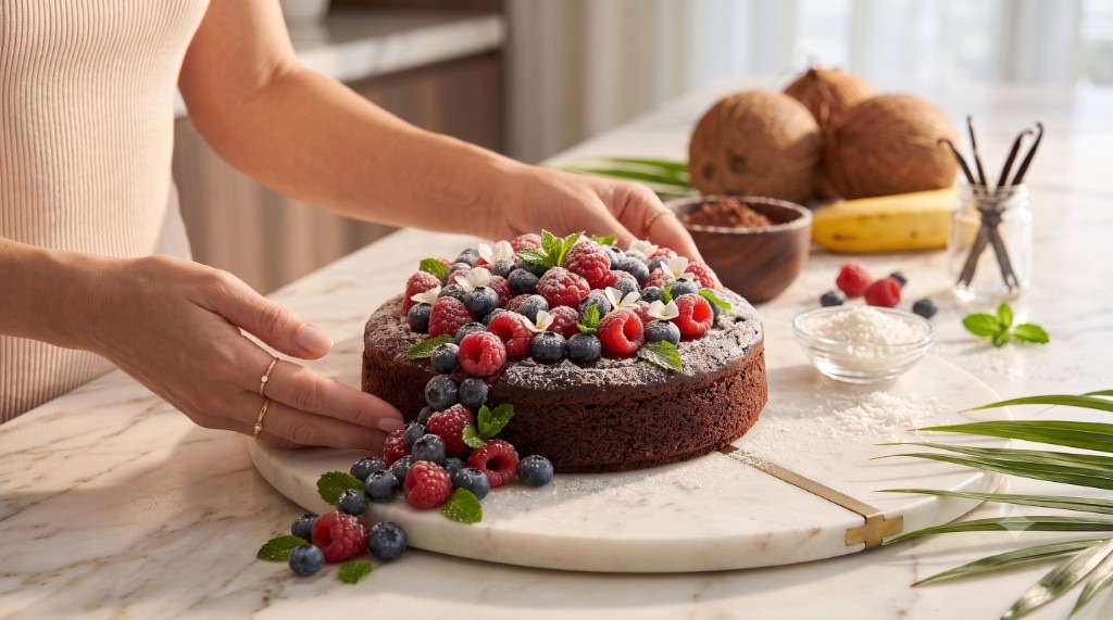 Hands presenting a chocolate cake topped with raspberries, blueberries, and mint