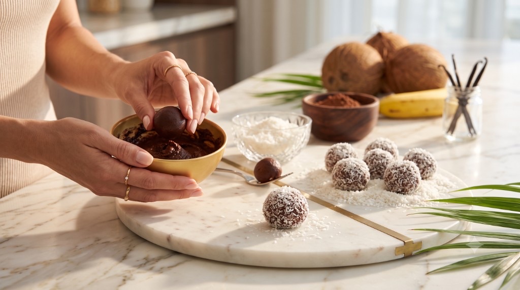 Hands rolling chocolate truffles, with coconut-coated bites on a marble board
