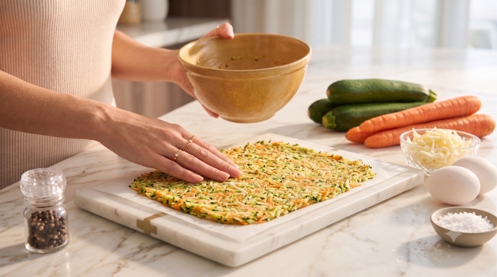 Hands pressing a grated zucchini and carrot pizza crust on parchment paper