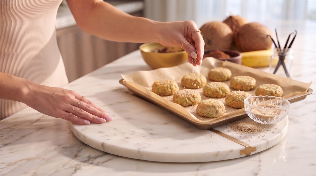 Hands sprinkling sesame seeds over vegetable buns on a parchment-lined tray, with a glass bowl of sesame on a marble board